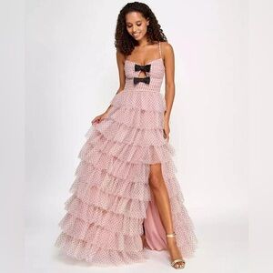 City Studios Ruffled Side-Slit Bow-Trim Pink Polka Dot Dress/Gown